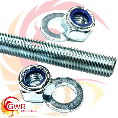 GWR FASTENERS THREADED BAR WITH NYLOC NUTS & WASHERS 8.8 HIGH TENSILE STEEL ROD STUDDING STUD
