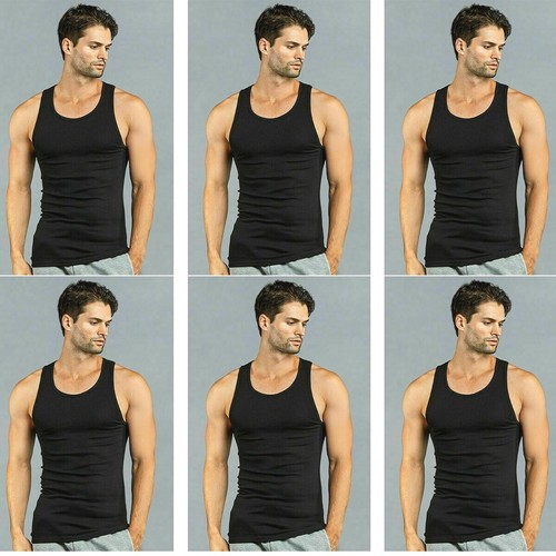 6 Pack Men's Black Tank Top A-Shirt 