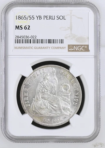 PERU 1 SOL SILVER CROWN 1865/55 YB NGC MS 62 KM #196.1