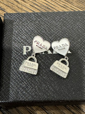 Prada Iconic Heart Purse Logo Stud Earrings Silver NEW Stunning! Gift, Birthday