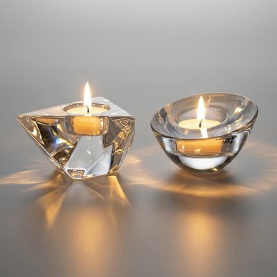Orrefors Crystal Votives,   SEE VIDEO - Orb & Diamond Shapes, Set of 2, SWEDEN