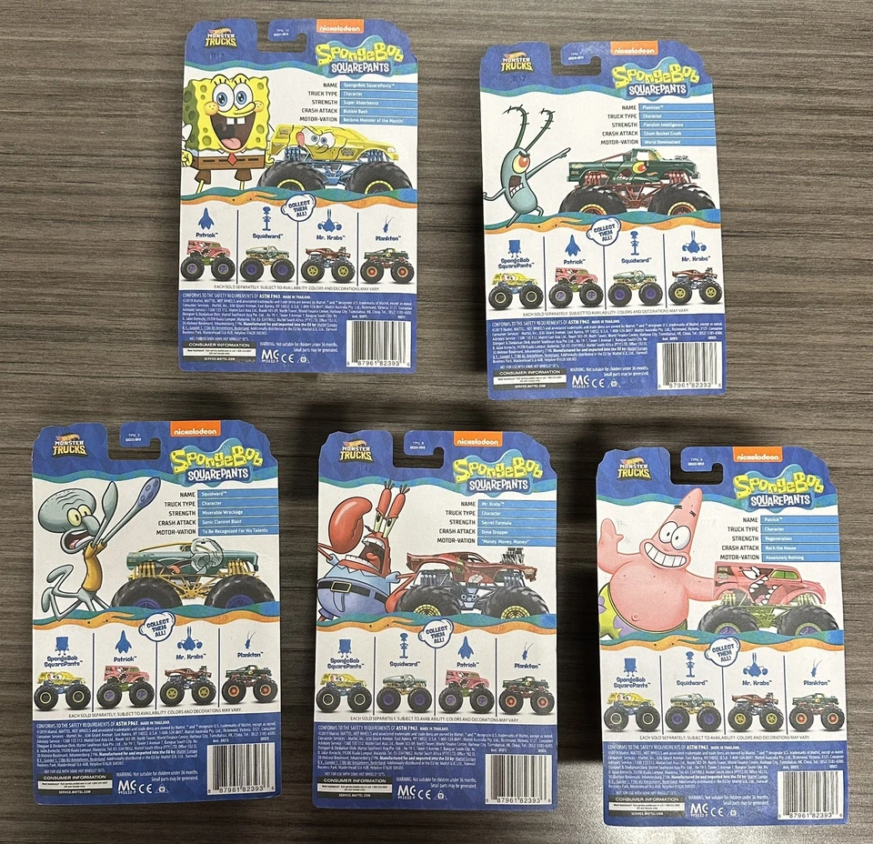 Juego de 5 pantalones cuadrados Hot Wheels Monster Trucks Bob Esponja escala 1:64 diecast 2024 Foto 2 de 4