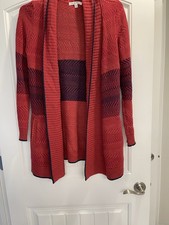Cabi Joy Open Front Cardigan Sweater Pockets Red Navy Size small Aztec striped