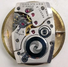 Vintage Lord Elgin Cal. 670 21 jewel watch movement For Repair 