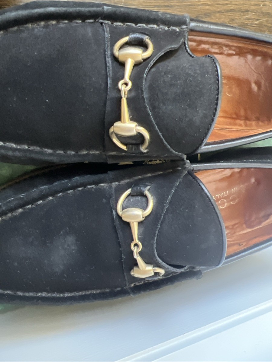 1990's Vintage Black Suede Gucci Horsebit Lug Sole Loafers Womens
