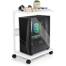 2 Tier Rolling PC Computer Tower Stand CPU Holder with Locking Casters White
