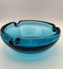 Murano Blue Art Glass Controlled Bubble Hand Blown Cigar Ashtray Candy Dish