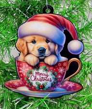GOLDEN RETRIEVER PUPPY IN SANTA HAT AND TEA CUP ORNAMENT - Christmas Ornament