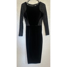 Black Velvet Lace Sheath Midi Dress Long Sleeve Body con Cocktail Party Size 6