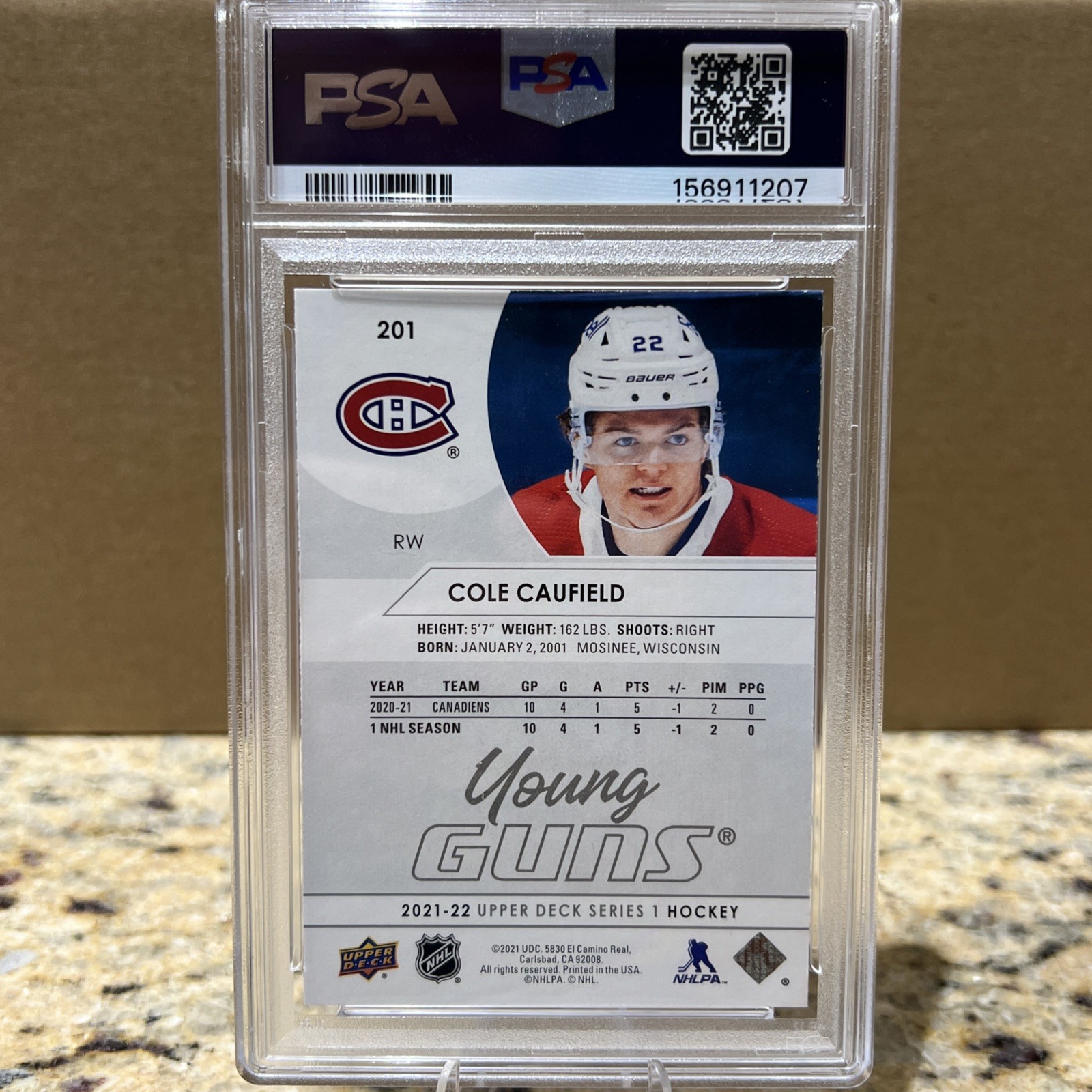 2021-22 Upper Deck - Cole Caufield YOUNG GUNS Montreal Canadians PSA 9 #201 (RC) view 5