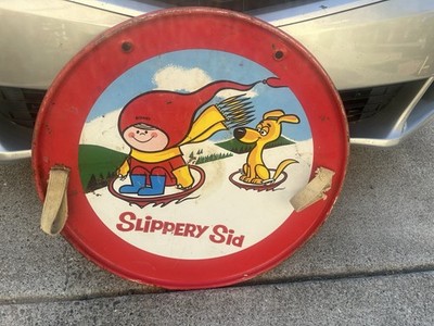 Slippery Sid Saucer Sled Red White Blue Yellow Green Round with Handles 1960 s