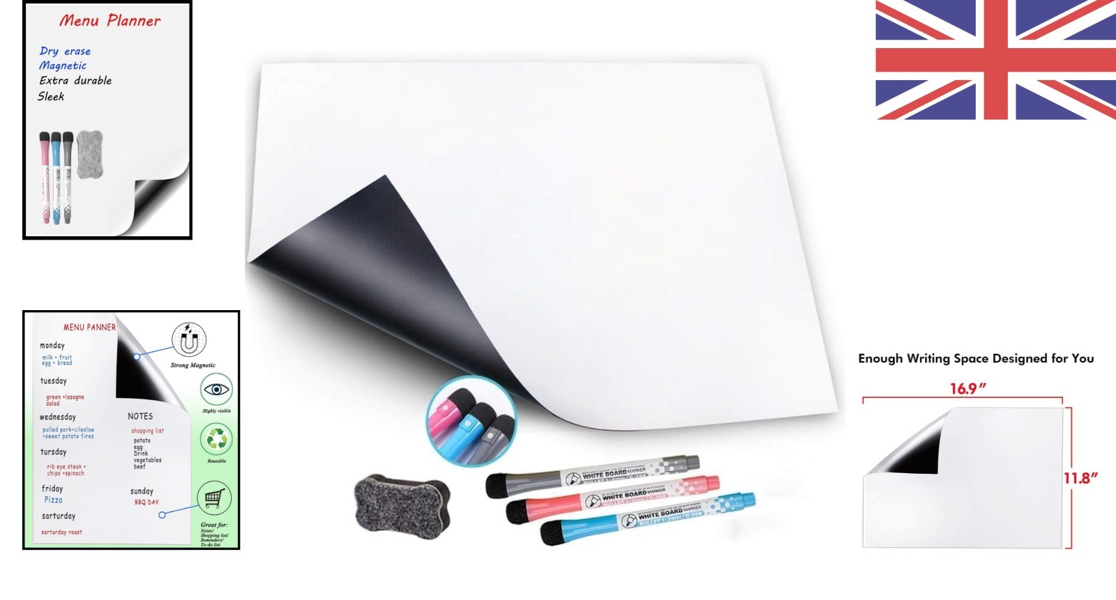 Ultimate Magnetic Memo Board - A3 Fridge Whiteboard with Dry Wipe Pens & Eraser
