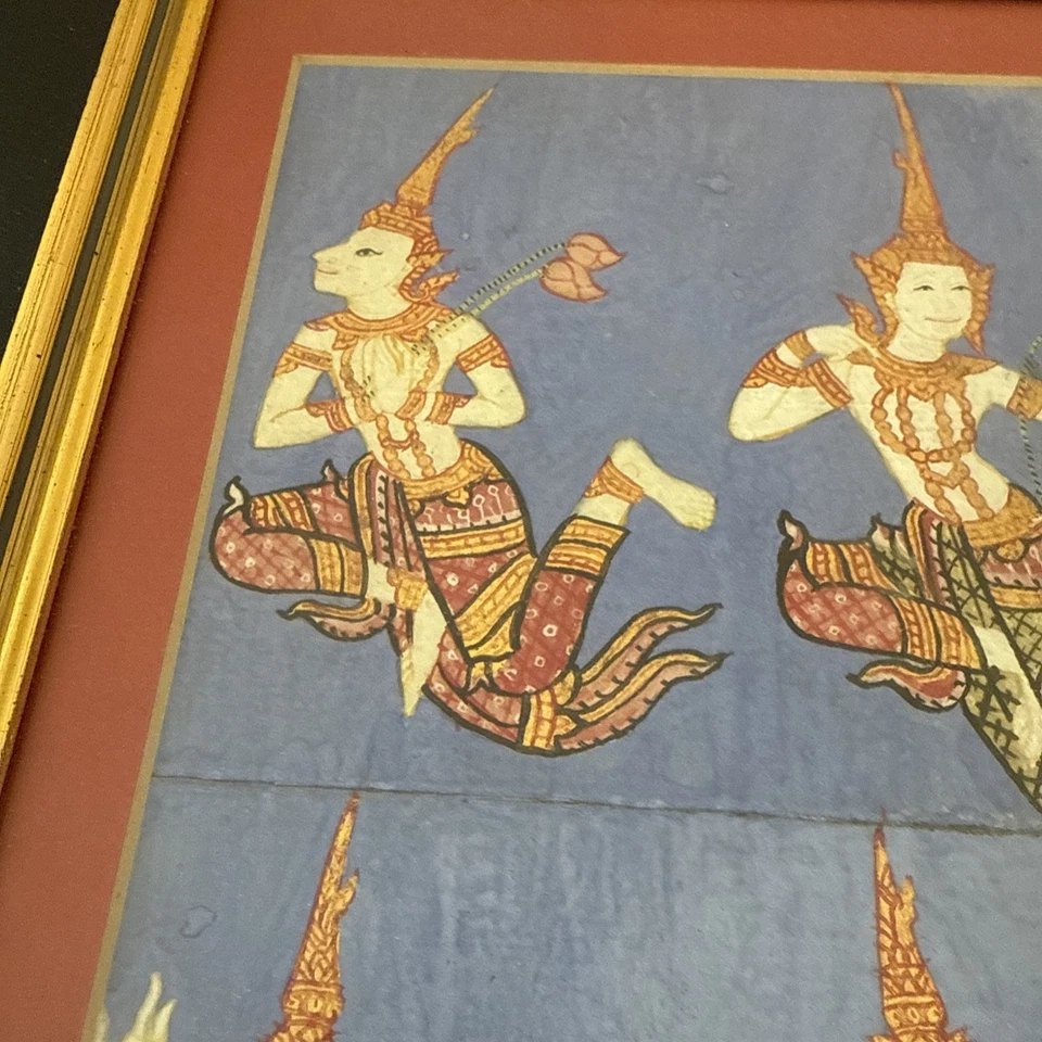 Pintura Sobre Seda Dios Guerrero Tailandés De Colección Arte Original Enmarcado 9.5x14 Estate Foto 3 de 4