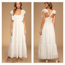 LULUS Chasing Summer White Swiss Dot Tie-Back Maxi Dress Small White Bridal NEW