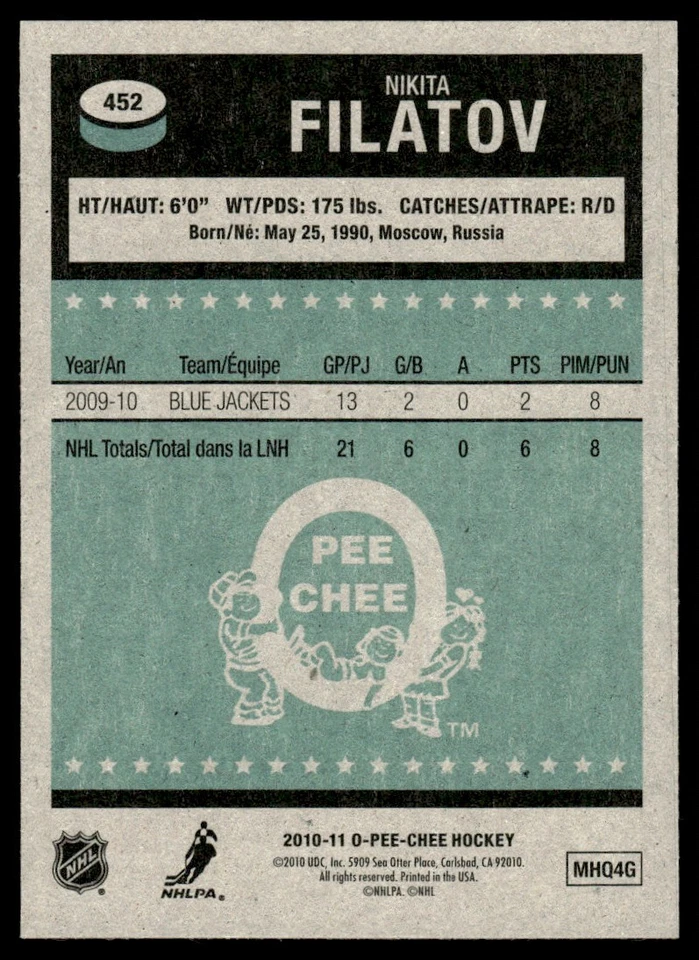 2010-11 O-Pee-Chee Retro Nikita Filatov Columbus Blue Jackets #452 - Image 2 of 2