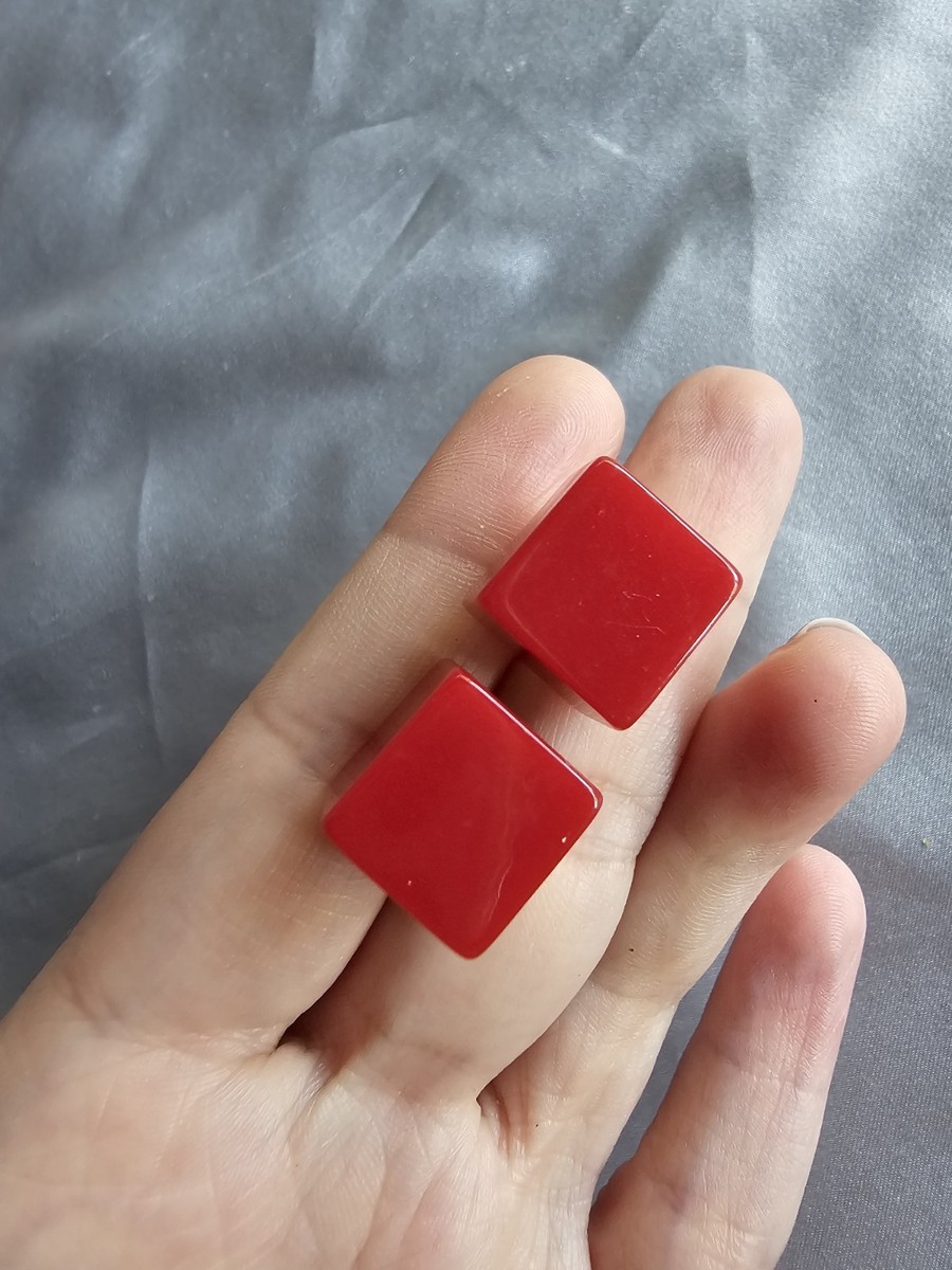 Vintage Red Plastic Lucite Square Cube Postback Earrings