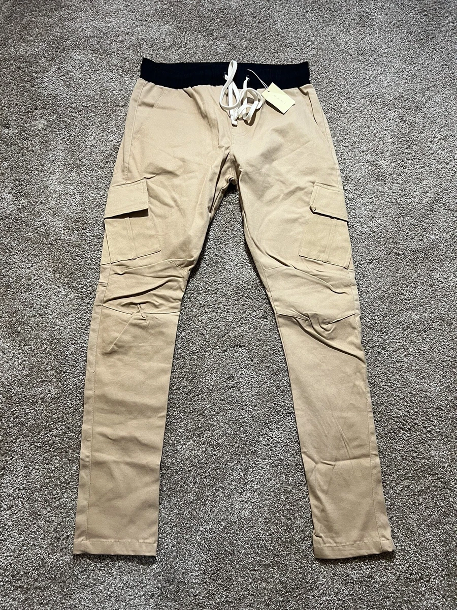 MNML Pants Khaki Flat Front Cargo Drawcord II Elastic Pockets Slim Tapered Men M