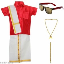 Boys Traditional Readymade Dhoti Shirt Set Cotton Blend Solid South Indian Sty