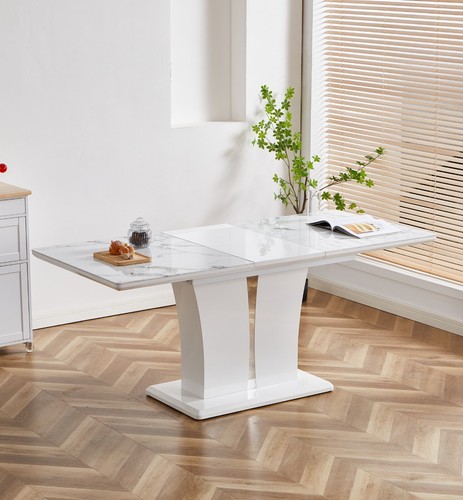Dining Table Set Extending Grey/White Marble Effect Glass 6 Faux Leather Chairs - Picture 126 of 162