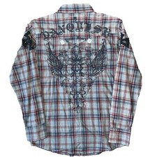 S Roar Shirt Mens Plaid Button Long Sleeve Embroidered Red Gray Small