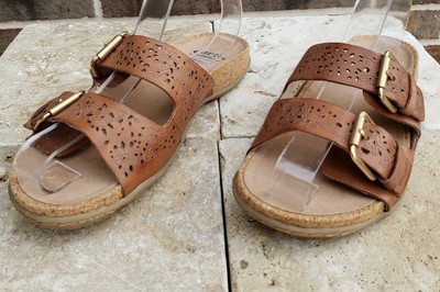 earth perforated leather slide sandals