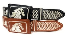 MEN'S HORSE EMBROIDERED WESTERN LEATHER BELT COWBOY RODEO  CINTO VAQUERO BORDADO