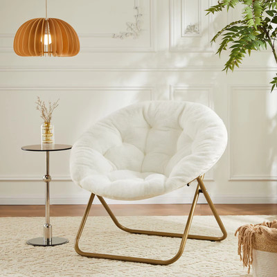 JHK Cozy Saucer Chairs Faux Fur For Living Room Folding Thick Padded Seat Metal 