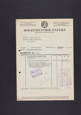 Nuremberg, invoice 1936, wood industry Saturn GmbH