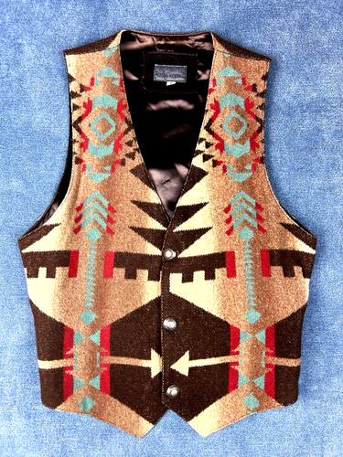 Vintage Krista Koeppe South Western Blanket Vest Boho Leather Trim Men’s Sz L