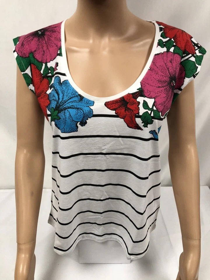 Desigual Women's White Striped Flowers 100 Cotton T-Shirt Size S 18SWTKY7