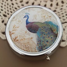 Metal Pill Box Decorative Travel Case Holder Carrier Organizer Vitamin Peacock