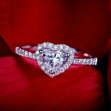 Women's Silver Plated Heart Shape Love Ring Clear Cubic Zirconia Stone Size 9