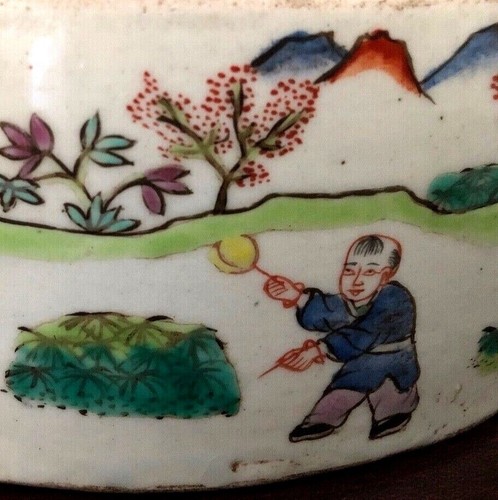 Antique Chinese Famille Rose Porcelain Big Bowl Planter Pot Children Playing 8" - Picture 11 of 12