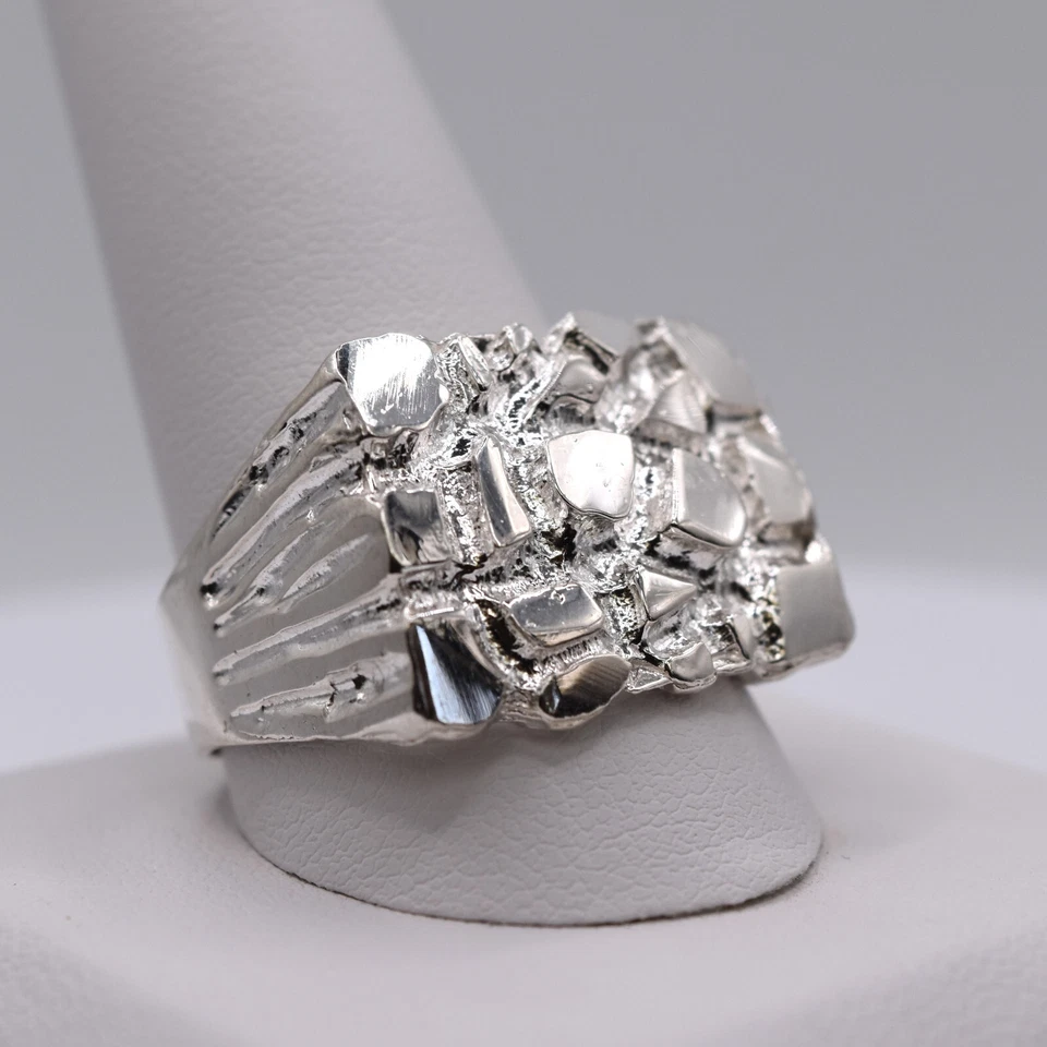 Men's 925 Sterling Silver Nugget Ring | Heavy Textured Statement Band Jewelry - Image 3 of 4