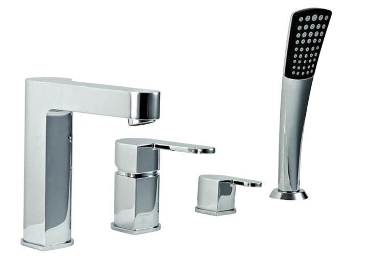 Mezclador de ducha de baño cromado de 4 orificios Foxie de latón con auricular y manguera, FX010