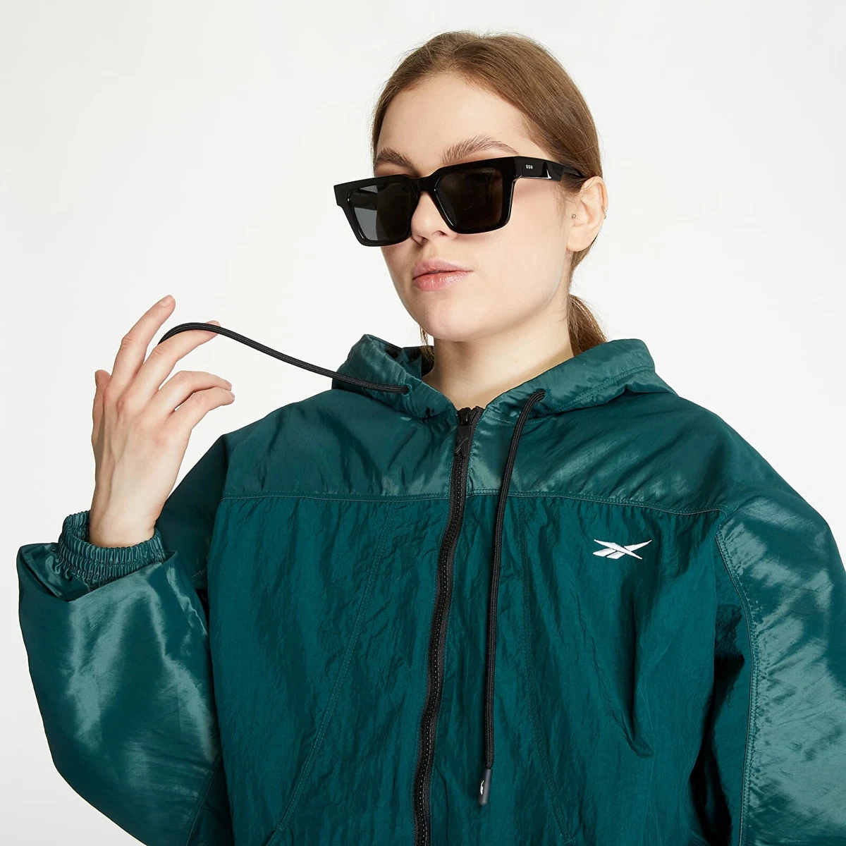 REEBOK Womens Green Shiny Woven Soft Shell Hooded Jacket Large