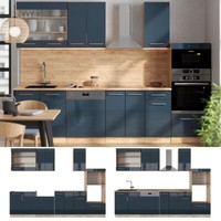 KüChenzeile Fame-Line Eiche Dunkelblau Hochglanz 300 Cm Mit Arbeitsplatte Vicco