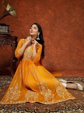 Yellow Kurta With Dupatta Women Chikankari Embroidered A-Line Kurti Top Tunic