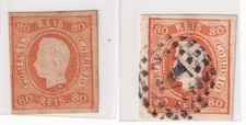 Portugal Stamps- 1866-67 King Lu&iacute;s I 80r Pair &ndash; MLH + Used w/ Cancel "1"