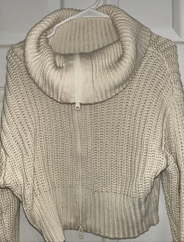 Women's Aerie Cream Sweater Chunky Knit Collared Full-Zip Up Cardigan Size M
