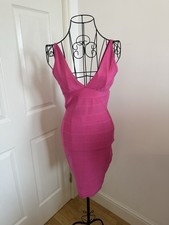 Hot Pink Bandage Bodycon Dress Deep V Neck, Stretch Tight Fit, Valentines Day