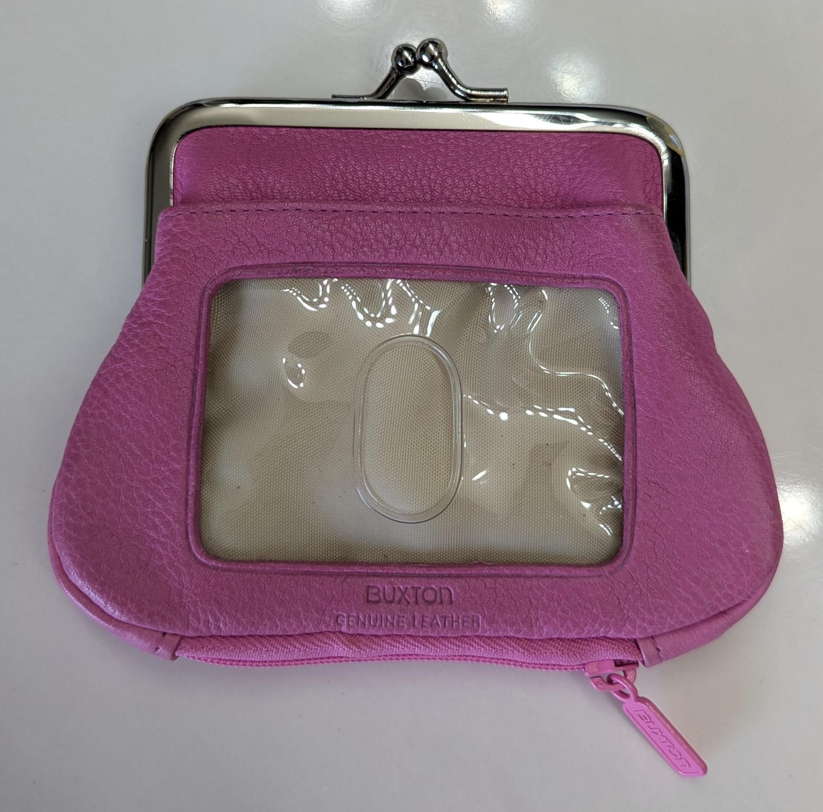 Buxton Pink Leather Coin Purse Wallet Kiss Lock ID Slot Card Holder