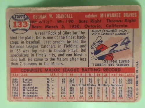 1957 Topps - Del Crandall #133 - Milwaukee Braves - Picture 2 of 3