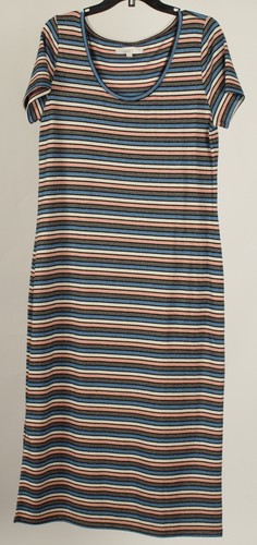 Loft Dress Women’s Large Pink Blue Striped Maxi Pullover Short Sleeve Metallic