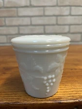 Vintage Milk Glass Embossed Grape Pattern Covered  Mustard Jar w/ Lid
