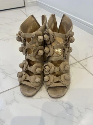 CHANEL Bottines Bottes Talon Cuir Suédé Femme Taille 37 COCO MARK Beige - Photo 1/4