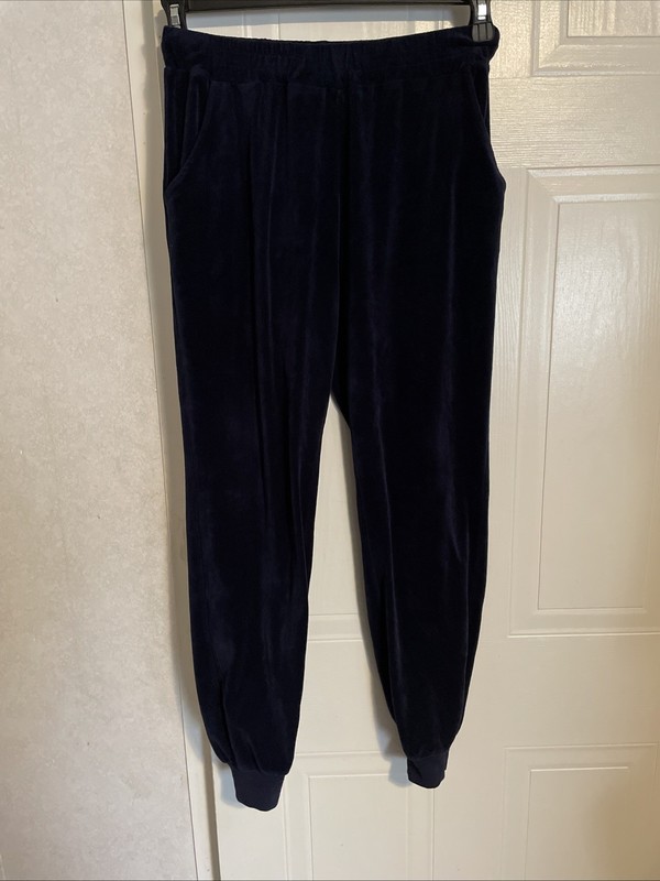 Aibrou Navy Blue Velour Pants Womens Size L Joggers stretch Elastic Waist Pkts