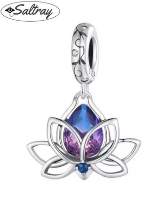 Lotusblüte 100% 925 Sterling Silber Diamant Lila Charm für Armband Charms