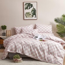 White and Pink Queen Comforter Set Plaid Checkerboard Bedding Soft Elegant Grid
