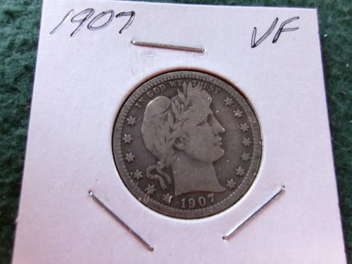 1907 Barber .90% Silver Quarter, VF Circulated Condition, Free Shipping!